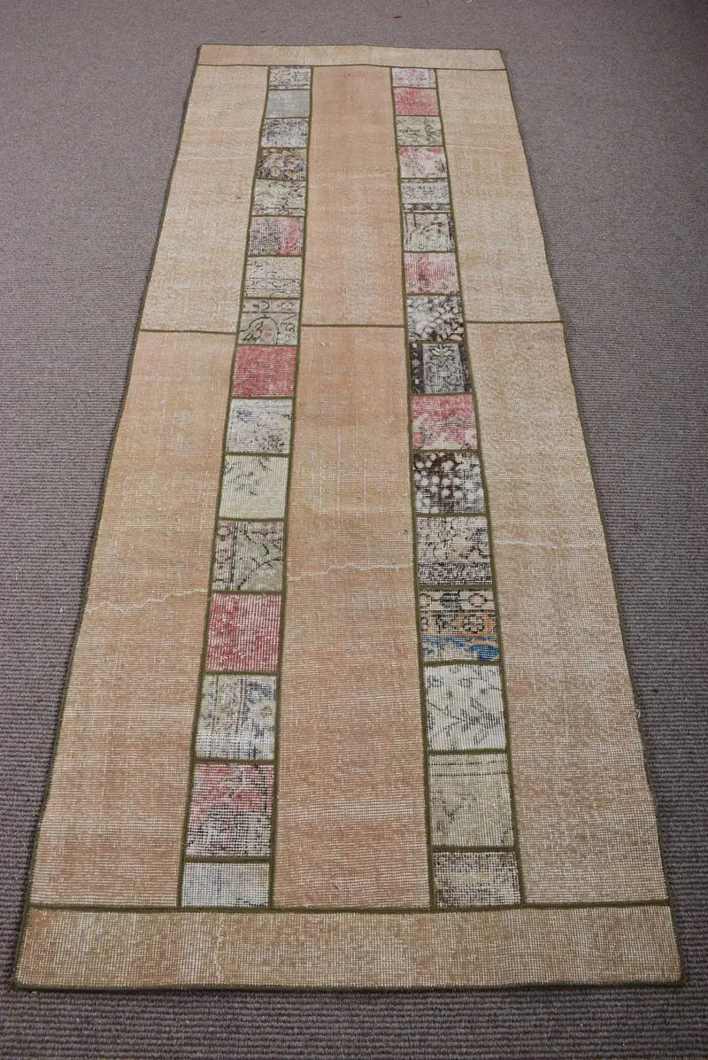 Vintage 3.2x8.5 ft Runner Halı, Türk Halısı, Oushak Kahverengi Çiçekli Halı - 1