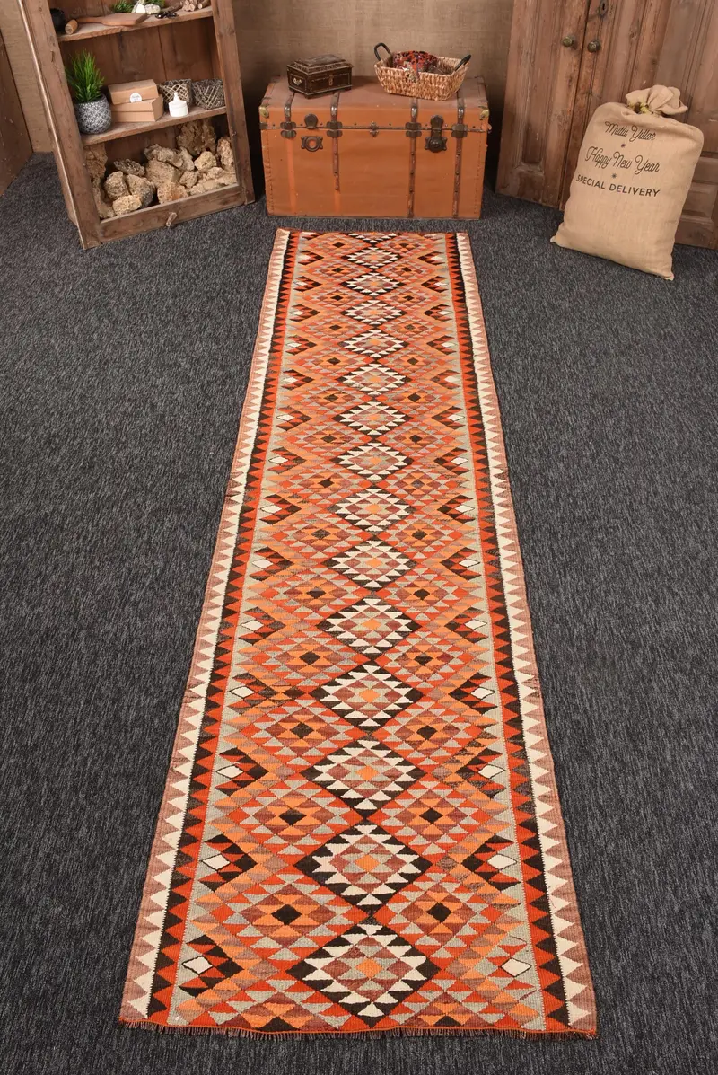 Türk Vintage Runner Halısı 3x11.2 ft, Turuncu Kahverengi İkat Halı - 1