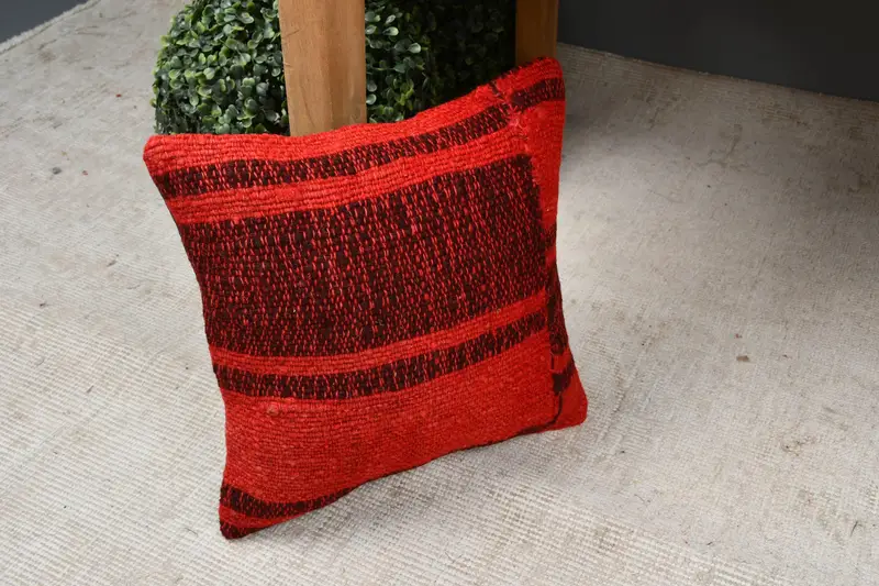 Turkish Kilim Pillow, Turkish Pillow, Pillow Cover, Sofa Bolster Pillow Sham, Wool Kilim Pillow Pillow, 12x12 Red Cushion Cover, Home Decor Pillow - 7