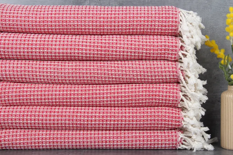 Personalized Turkish Waffle Towel, Red, Beige, Organic Cotton, 36x67 Inches