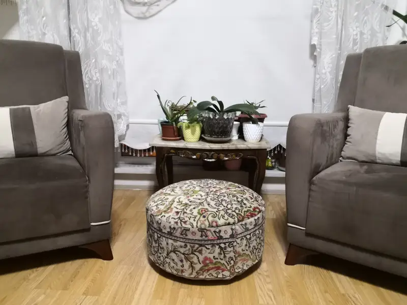 Handmade Kilim-Inspired Wool Pouf, Rectangular Ottoman Pouf