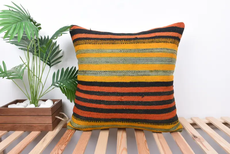 24x24 Orange Cushion, Pillow Cover, Kilim Cushion Sham, Decorative Bolster Pillow Cover, Turkish Pillow, Pillow for Couch, Patio Pillow Sham - 1