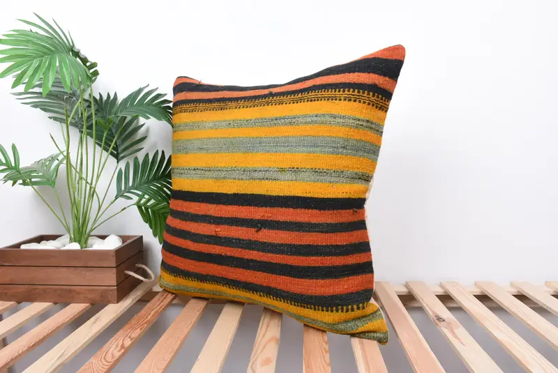24x24 Orange Cushion, Pillow Cover, Kilim Cushion Sham, Decorative Bolster Pillow Cover, Turkish Pillow, Pillow for Couch, Patio Pillow Sham - 5