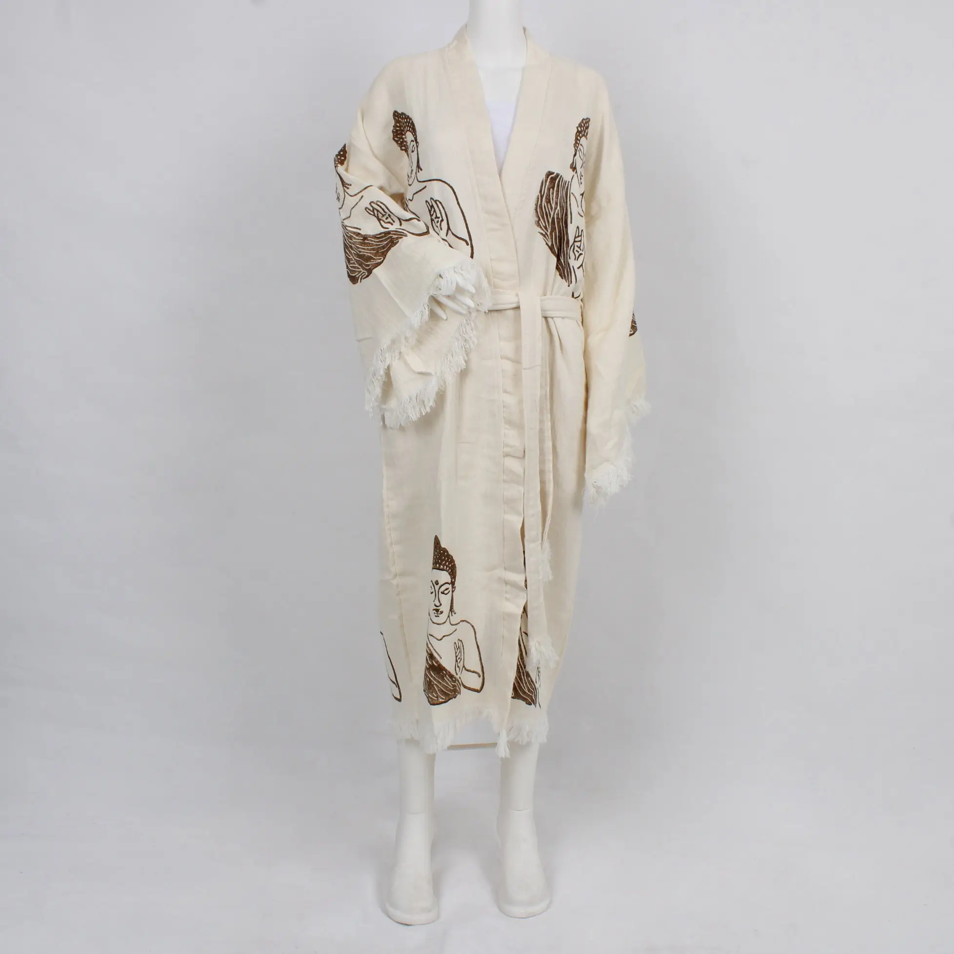 Muslin Morning Gown Custom Beach Wear Beige Buddha Design Kimono Medium/Large - 1