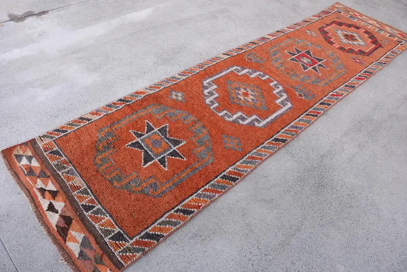 Alfombra Vintage Runner 2.8x11.4 ft, Alfombra Marroquí Gris Naranja Lana - 1