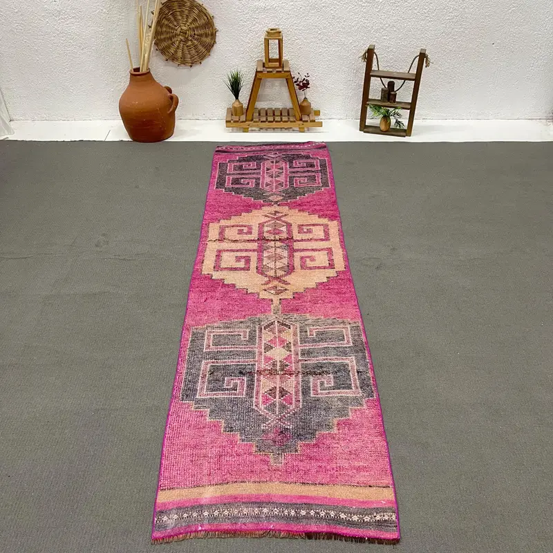 2.8x10.2 ft Turkish Vintage Rug, Runner Rug, Pink Herki Oriental Rug - 1