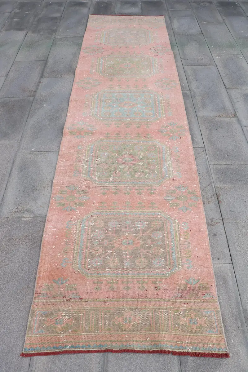 Turuncu & Yeşil Halı, 2,7x10,9 ft Bordürlü Tasarım