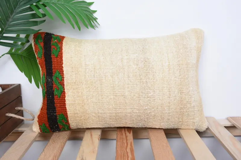 12x20 Beige Cushion, Boho Pillow, Cushion, Vintage Kilim Throw Pillow, Farmhouse Cushion Case, Handwoven Cushion Cover, Boho Pillow Sham Cover - 1