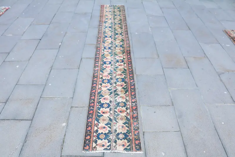 Vintage Runner Rug 1.4x9.2 ft, Blue Ombré Turkish Wool Rug - 1