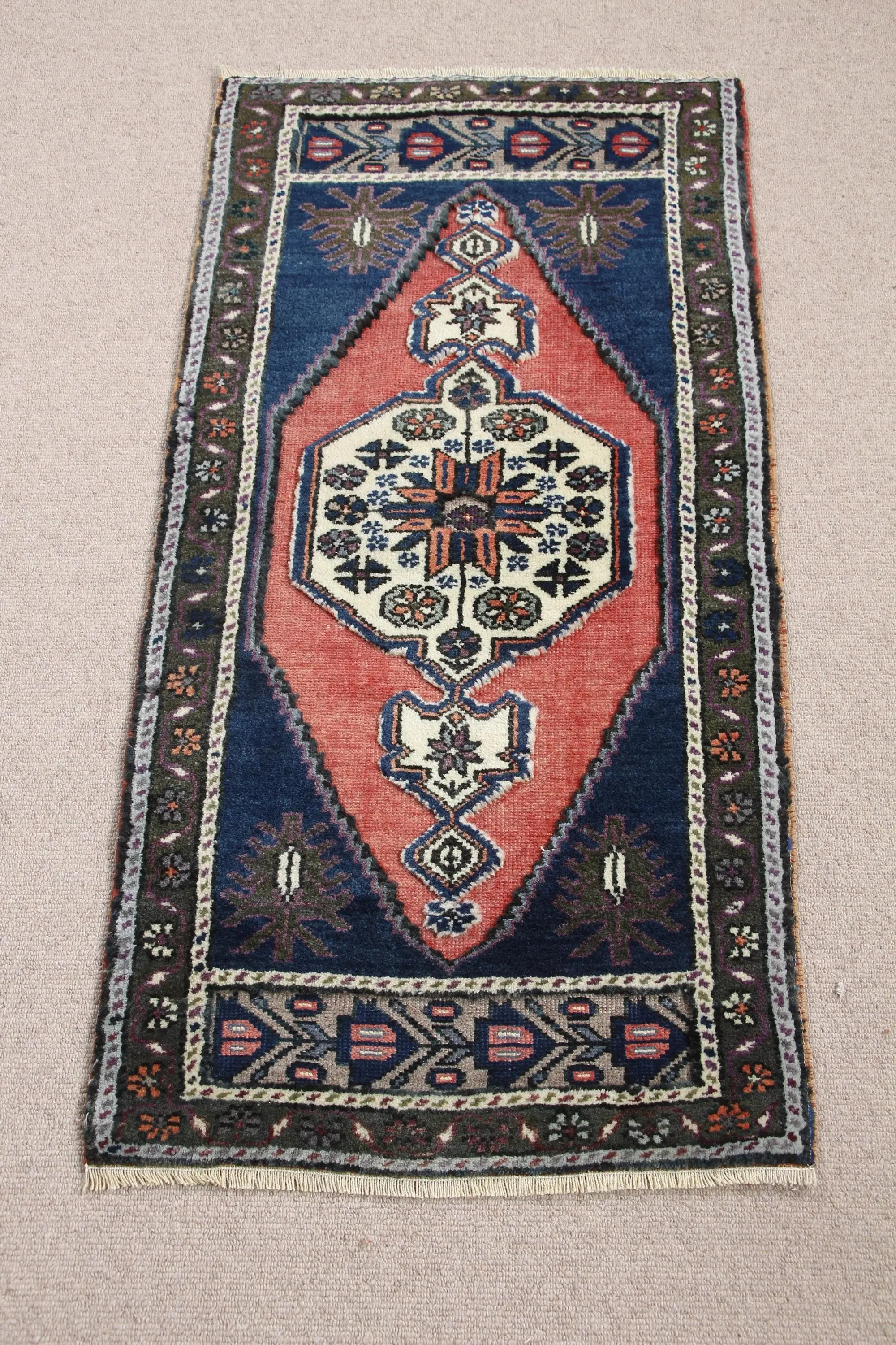 Turkish 1.9x3.7 ft Rug, Vintage Rug, Blue Bordered Rug Wool - 1
