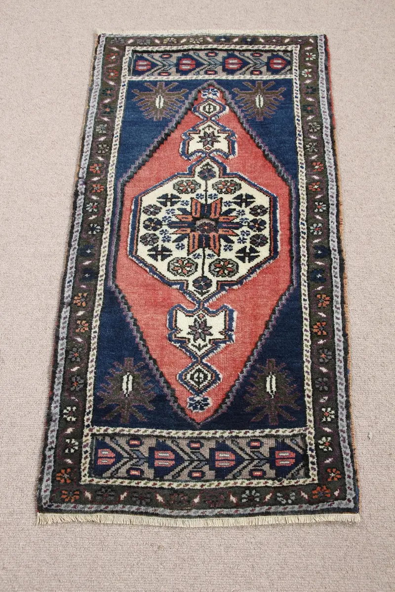 Blue and Red Rug, 1,9x3,7 ft Bordered Design