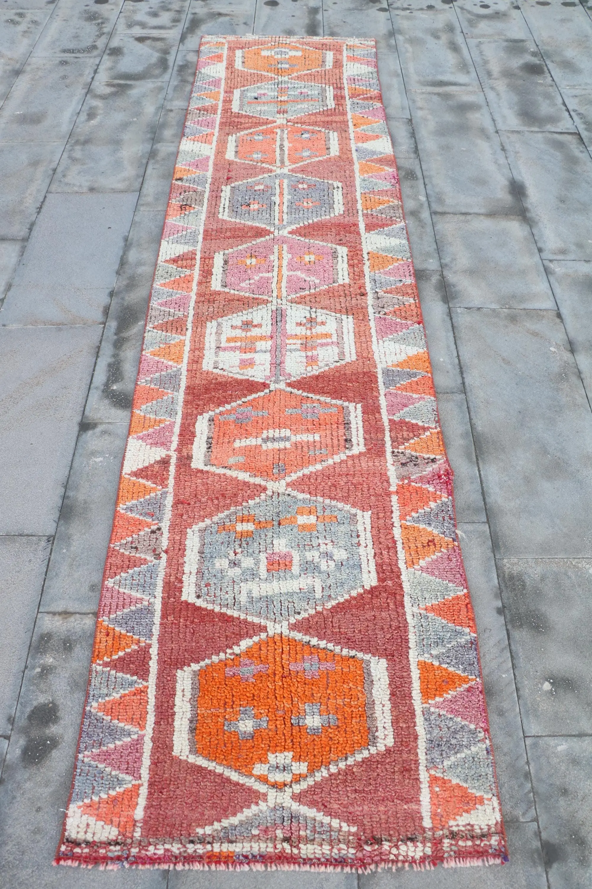 Turkish Vintage Rug 2.3x10 ft (71x306 cm), Herki Red Orange Animal Print Rug - 1