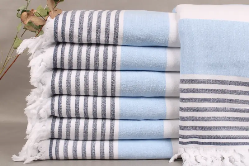 Turkish Bath Towel Organic Terry Light Blue-Navy Stripes, 36x67 Inches