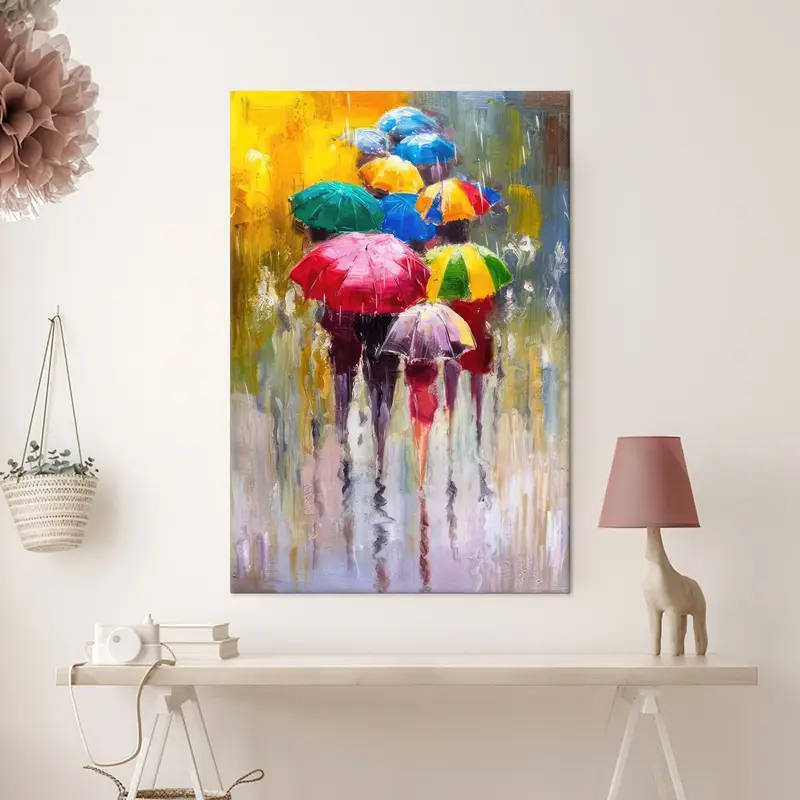 People with Umbrella, Colorful Wall Art, Umbrella Canvas, Modern Wall Art, Abstract Canvas, Rainy Day Painting Print, Trendy Wall Decor, - 3