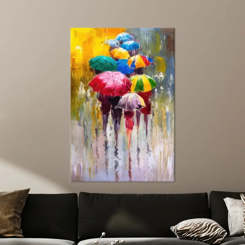 People with Umbrella, Colorful Wall Art, Umbrella Canvas, Modern Wall Art, Abstract Canvas, Rainy Day Painting Print, Trendy Wall Decor, - 1