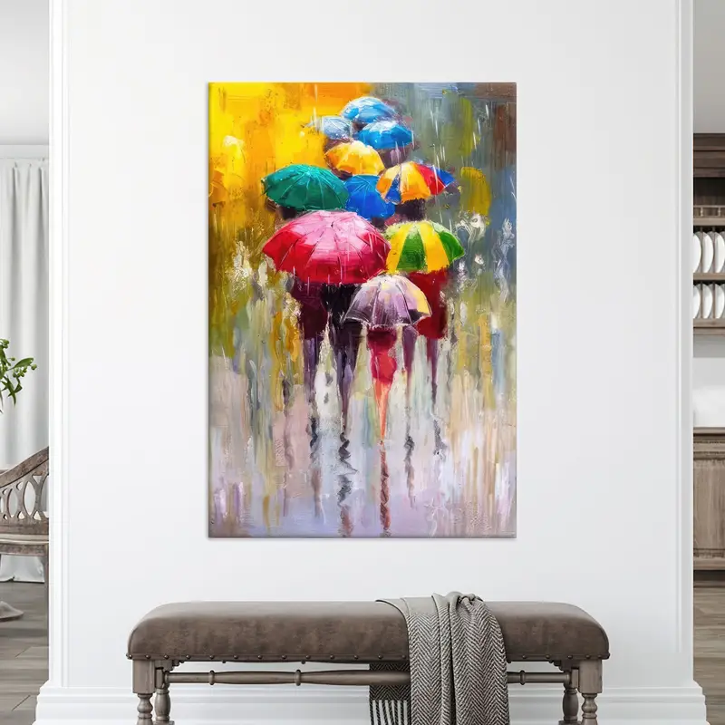 People with Umbrella, Colorful Wall Art, Umbrella Canvas, Modern Wall Art, Abstract Canvas, Rainy Day Painting Print, Trendy Wall Decor, - 2
