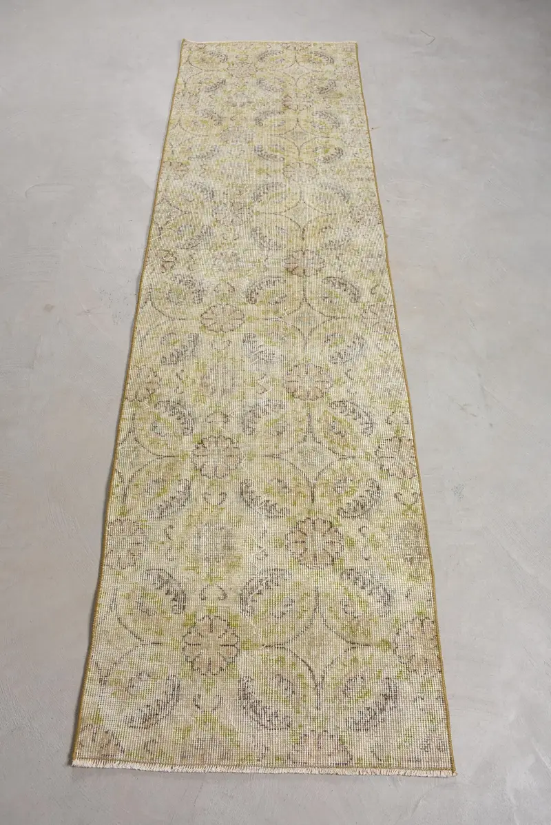 2,3x8,3 ft Oushak-Teppich, türkischer Vintage-Teppich, grün-gelber Pflanzen- und Baumteppich - 1