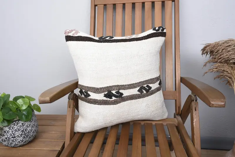 Striped Turkish Moroccan Pillow Cover, Beige 18x18 inch Wool Pillow - 1