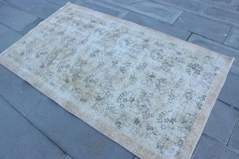 3.6x6.3 ft Vintage Halı, Halı, Beyaz Çizgili Halı Yün