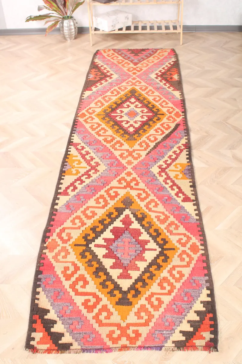 Turkish Vintage Rug 3x11 ft, Kilim Red Solid Wool Rug - 1
