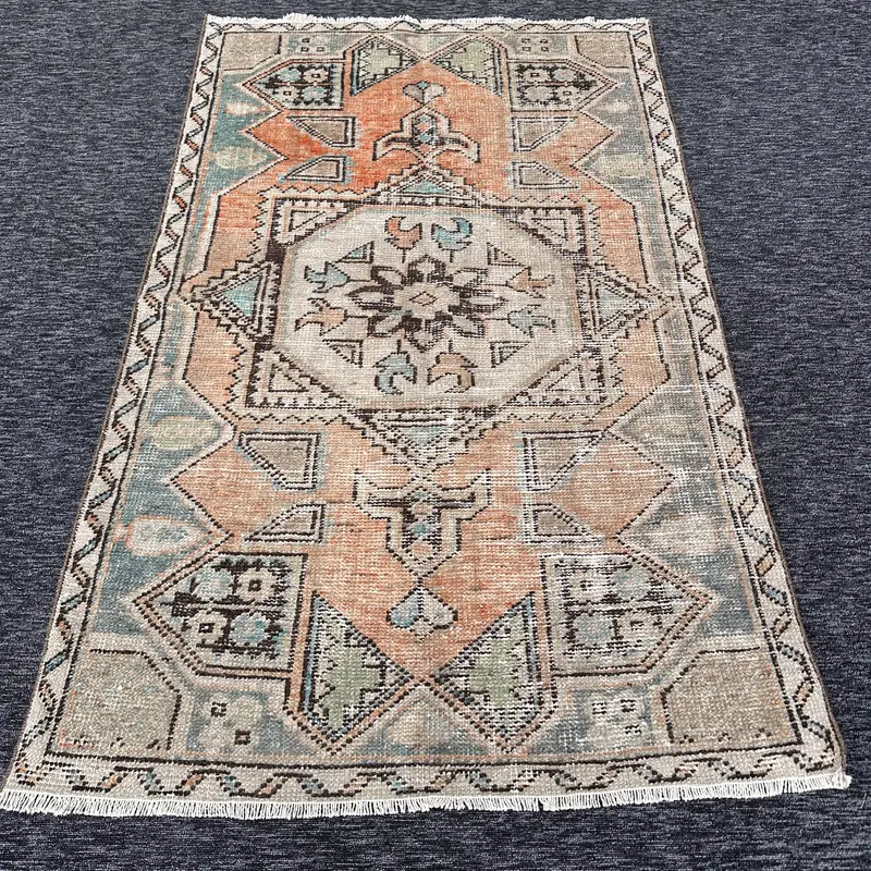 Turuncu Çiçekli Halı, 0,3x5,8 ft Bej Paisley Vurgulu