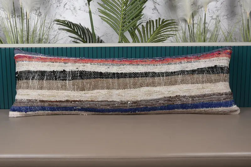 Striped Vintage Brown Pillow Case, Wool Moroccan 16x47 inch Cushion Cover - 1