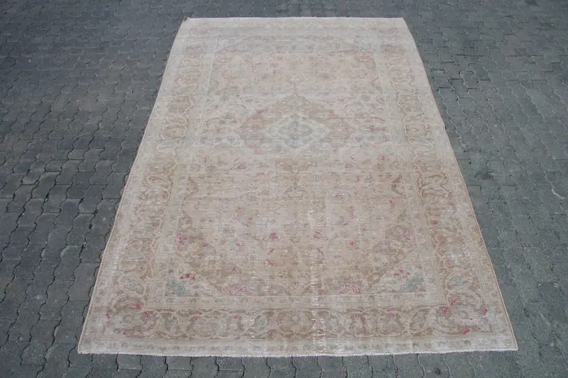 Oushak Rug, 6.46x9.6 ft Vintage Rug, Beige Floral Rug Wool - 1
