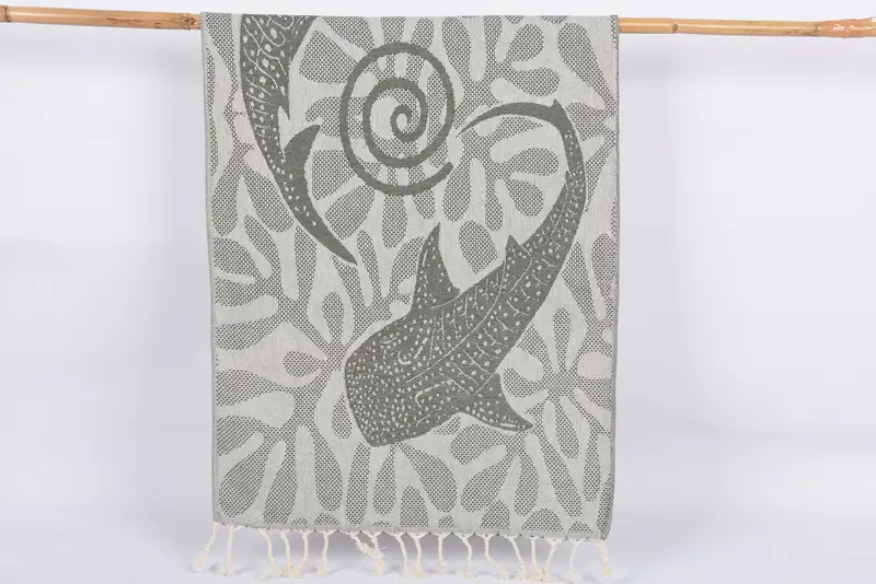 Turkish Towel Hand Towel Green Whale Design, Organic Cotton, 40x18 Inches