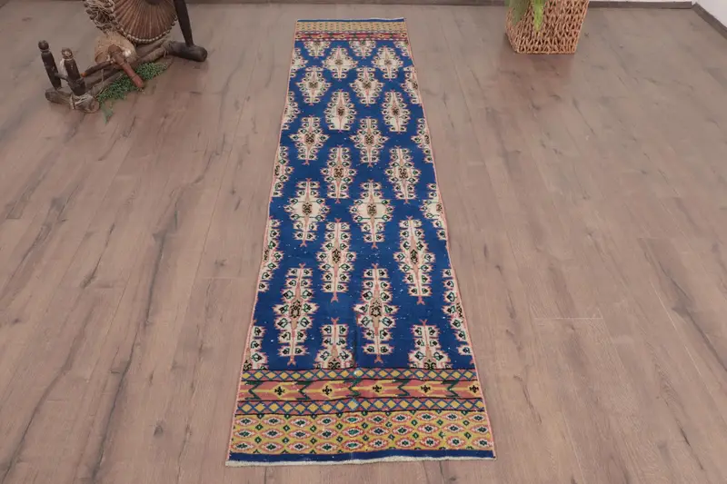 1.9x8.3 ft Rug, Runner Vintage Rug, Blue Oushak Patchwork Rug - 1