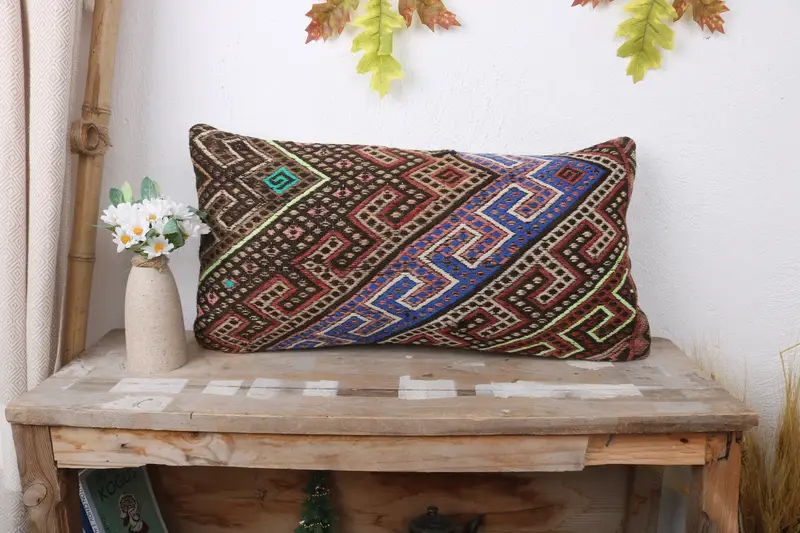 Pillow Sham, 12x24 Blue Pillow Case, Toss Pillow Sham, Turkish Pillow, Pillow for Sofa, Vintage Kilim Pillow, Boho Chic Pillow - 1