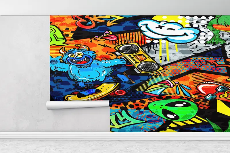 Custom Wall Paper,Street Graffiti Wall Painting,Cartoon Wall Decor,Modern Wall Paper,Paper Wall Art ,Colorful Graffiti Wall Mural, - 1