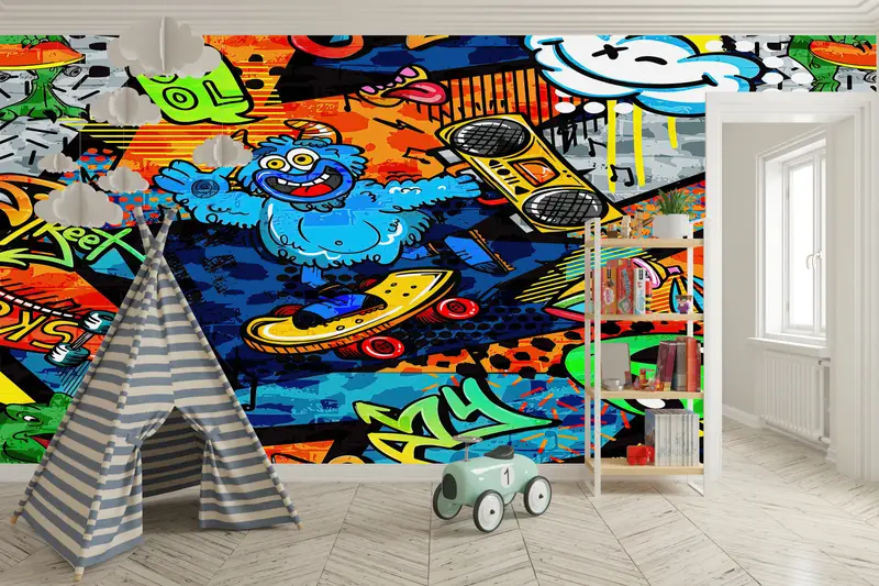 Custom Wall Paper,Street Graffiti Wall Painting,Cartoon Wall Decor,Modern Wall Paper,Paper Wall Art ,Colorful Graffiti Wall Mural, - 2