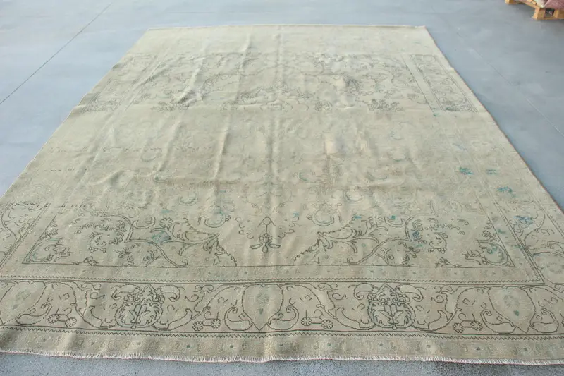 9.1x12 ft Halı, Vintage Türk Büyük Boy Halı, Gri Oushak Yün Halı - 1