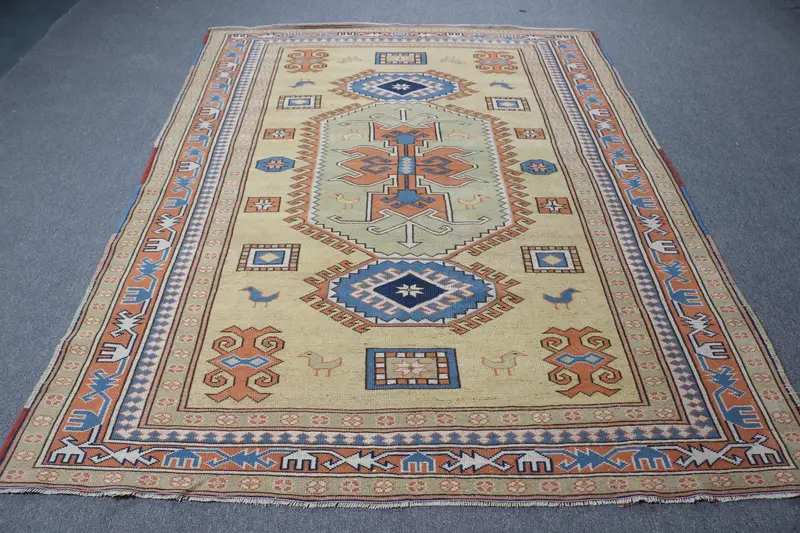 6.2x8.1 ft Large Turkish Vintage Rug, Orange Floral Wool Rug - 1