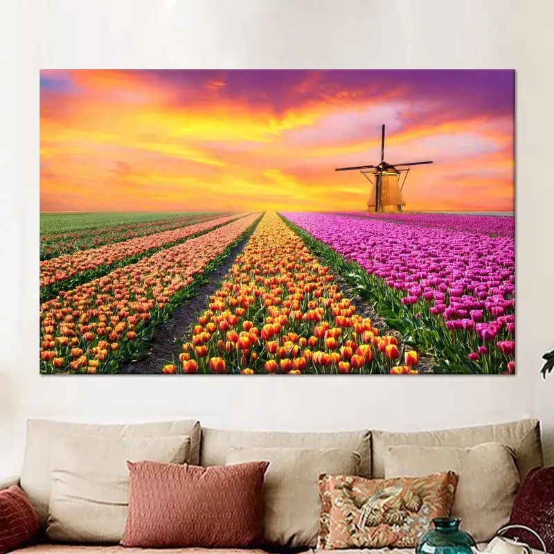 サンセット チューリップ ガーデン キャンバス: 鮮やかな農家の装飾