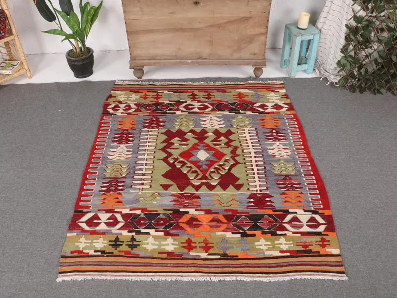 Blue & Green Rug, 4.4x5.2 ft Solid Comfort