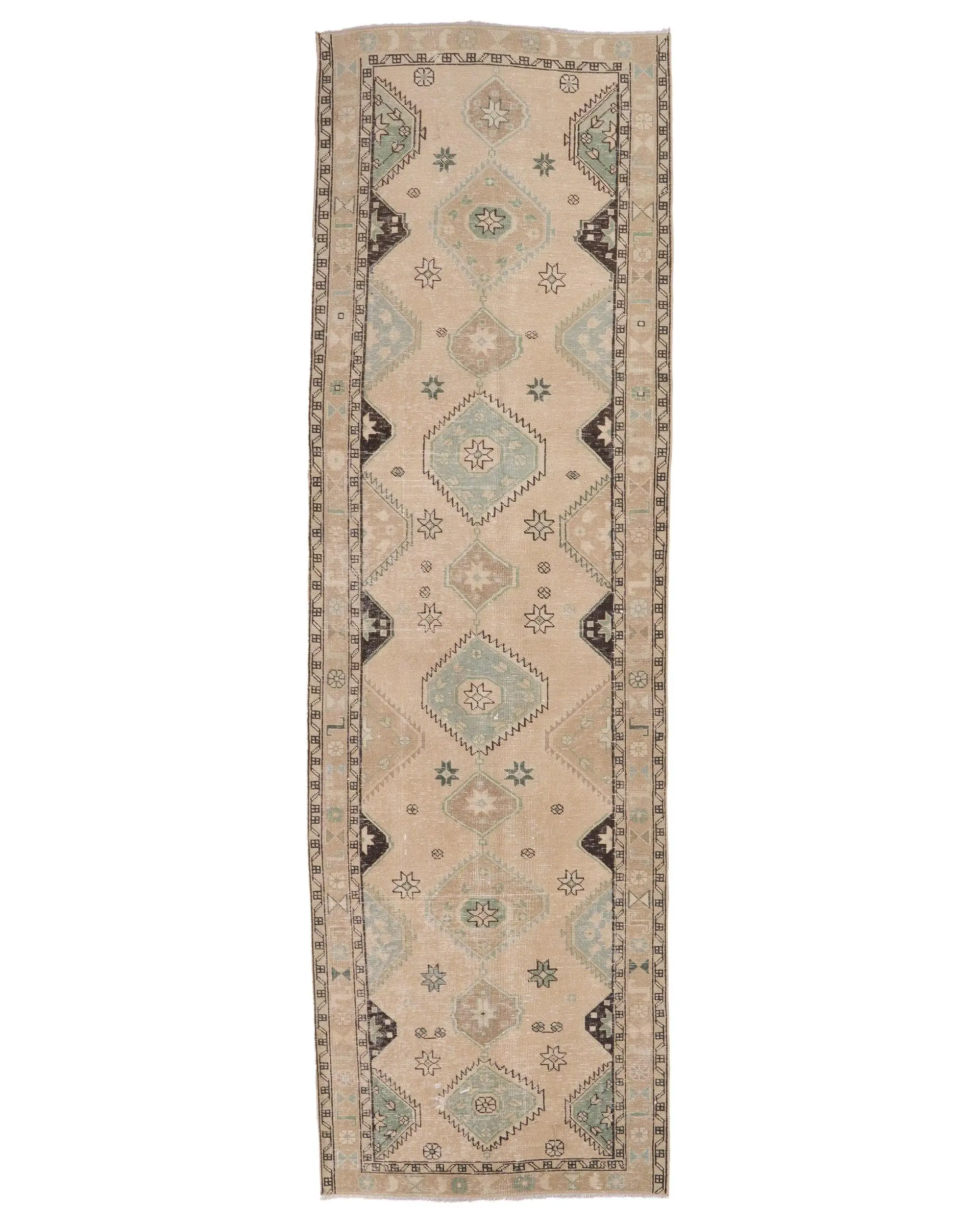 Türkischer 3,5x11,9 ft Teppich, Läufer Vintage Teppich, braun blauer Wollteppich - 1