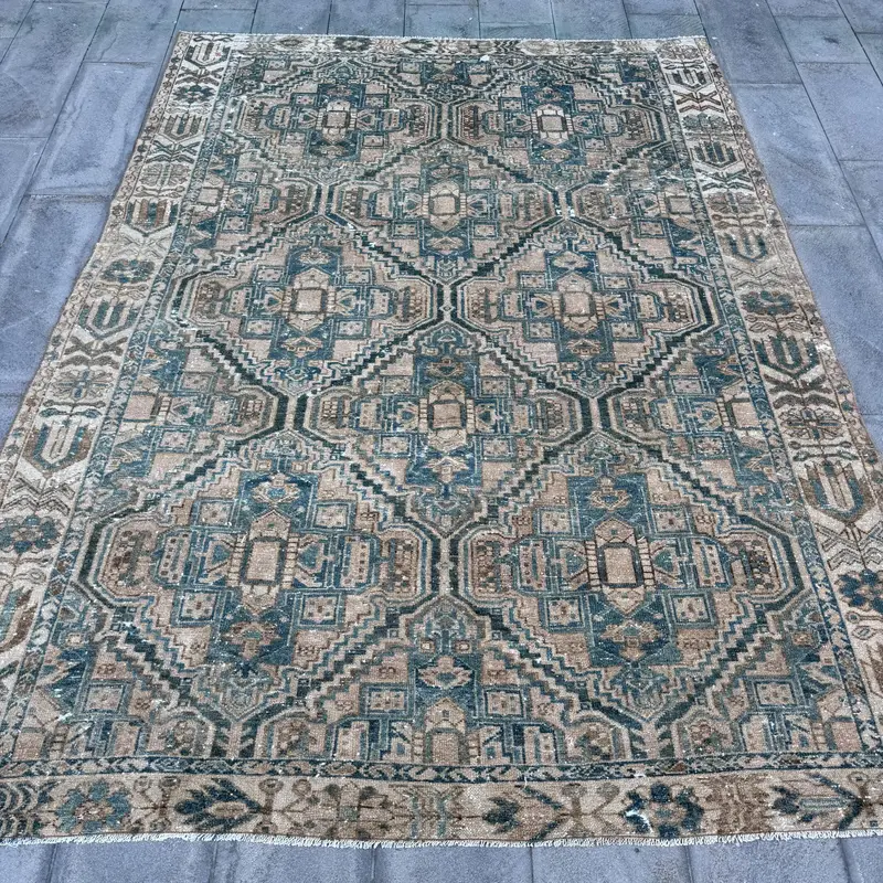 Vintage Rug, Oversize 7.4x9.5 ft Turkish Rug, Blue Animal Print Wool Rug - 1