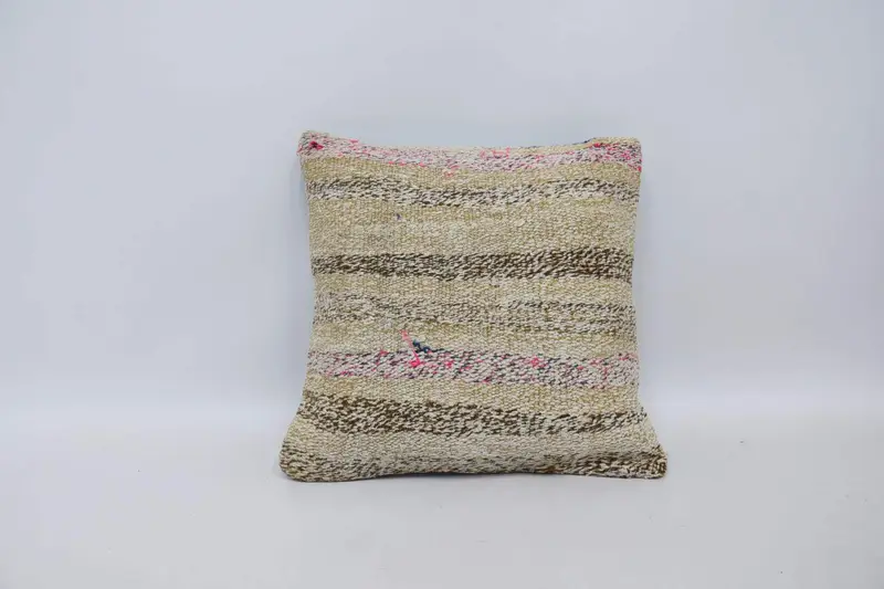 Square Yellow Turkish Pillow Sham, Antique 16x16 inch Striped Cushion Cover - 1