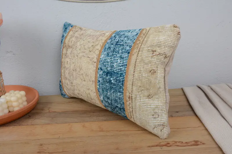 Vintage Kilim Pillow, Ikat Cushion Case, Pillow for Sofa, Cushion, Outdoor Bolster Pillow Cover, Custom Cushion, Boho Pillow, 12x20 Blue Pillow Sham - 4