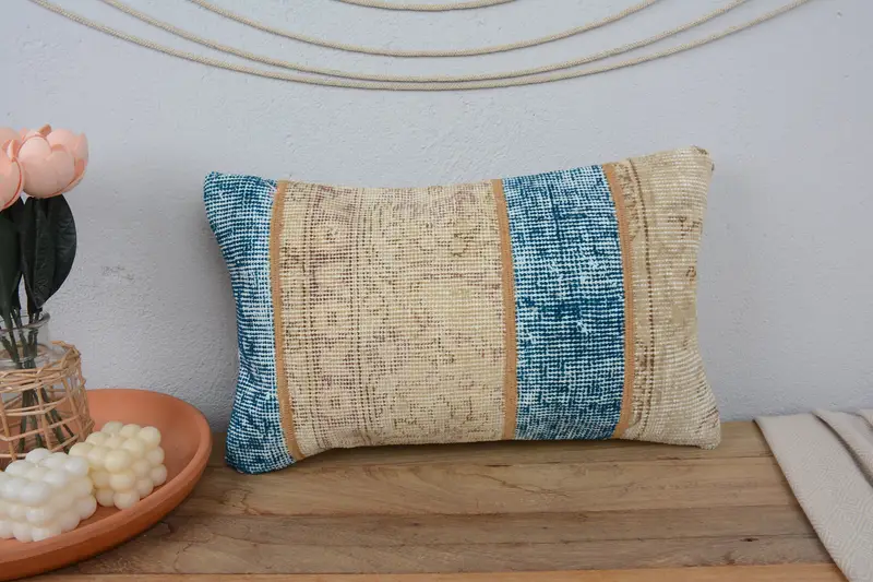 Vintage Kilim Pillow, Ikat Cushion Case, Pillow for Sofa, Cushion, Outdoor Bolster Pillow Cover, Custom Cushion, Boho Pillow, 12x20 Blue Pillow Sham - 2