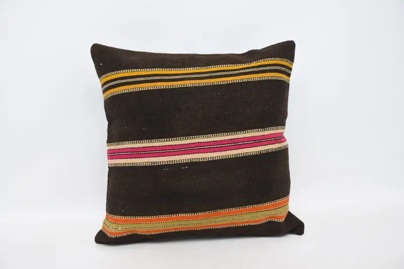 Turkish Gift Brown Cushion Cover, 8x8 inch Striped Wool Pillow Cover - 1