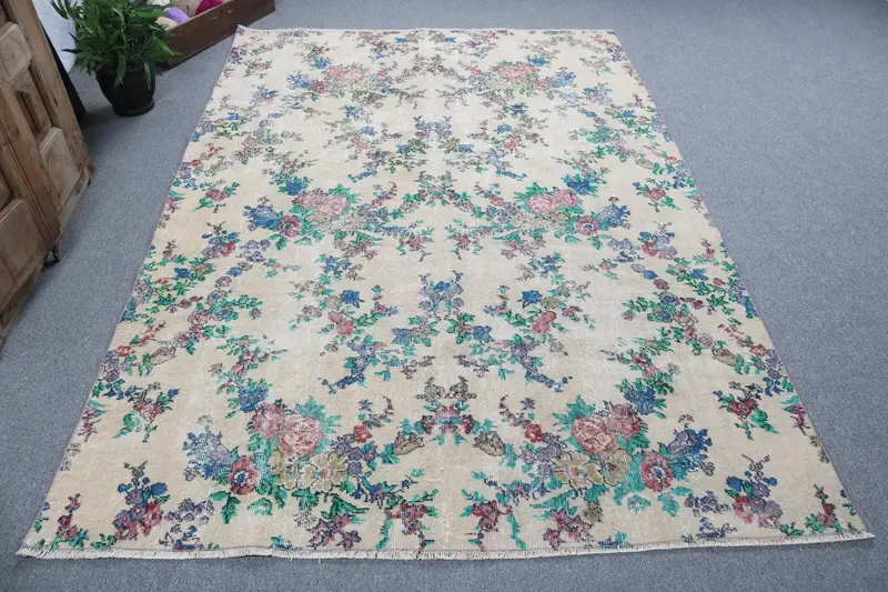 5.7x8.4 ft Vintage Halı, Türk Büyük Halı, Mavi Kırmızı Hayvan Baskı Halı - 1