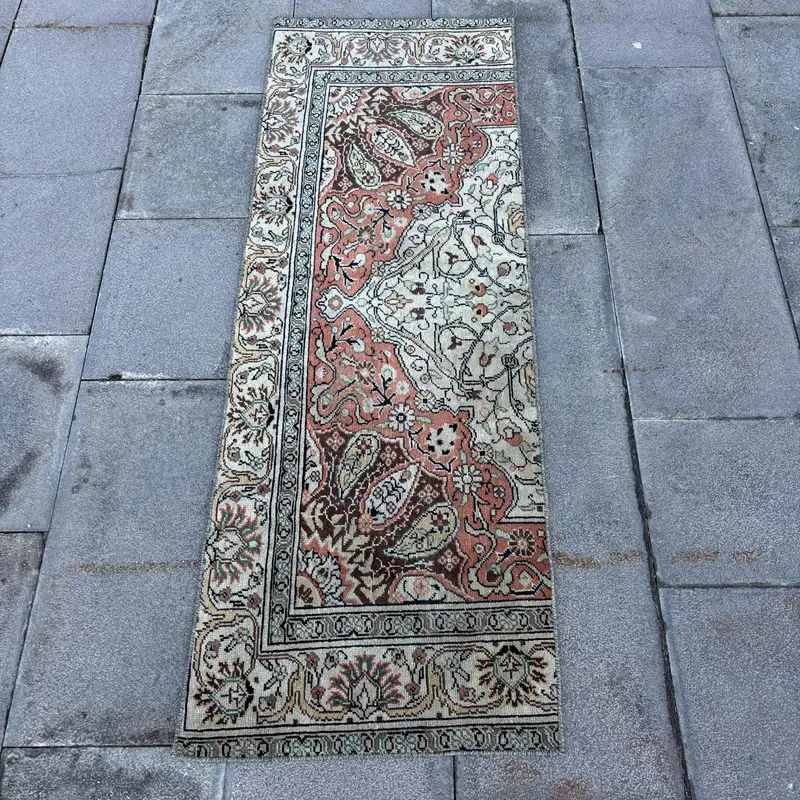 1.7x4.8 ft Vintage Turkish Rug, Small Rug, Red Oushak Plants & trees Rug - 1