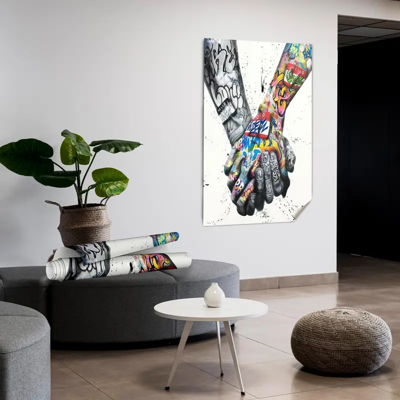Aşıklar El Ele Tutuşarak Graffiti Kanvas Tablo - Benzersiz Çift Hediyesi