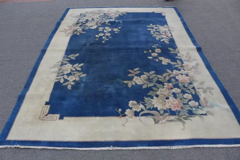 Elegant Beige & Blue Ikat Rug, 6.6x9 ft Chic Decor