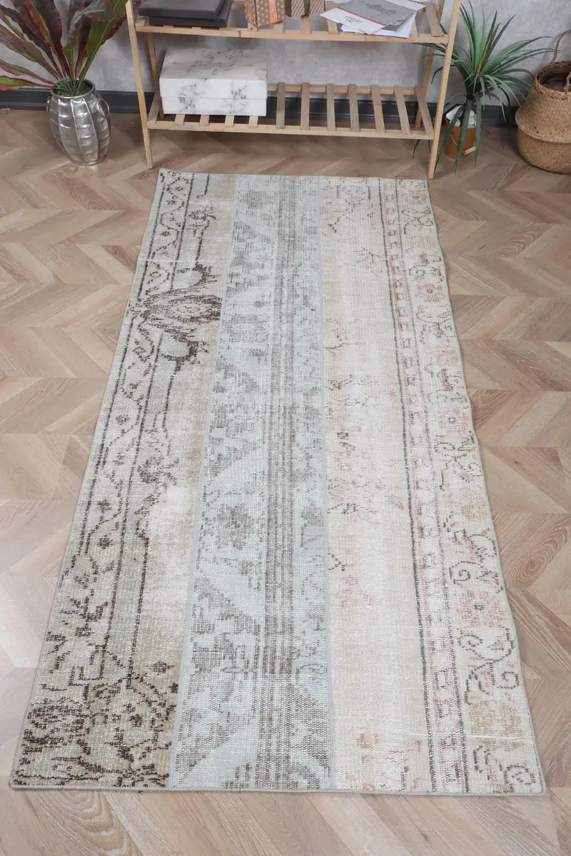 エレガントなベージュ&グリーンラグ、3.1x6.5フィートペルシャ柄