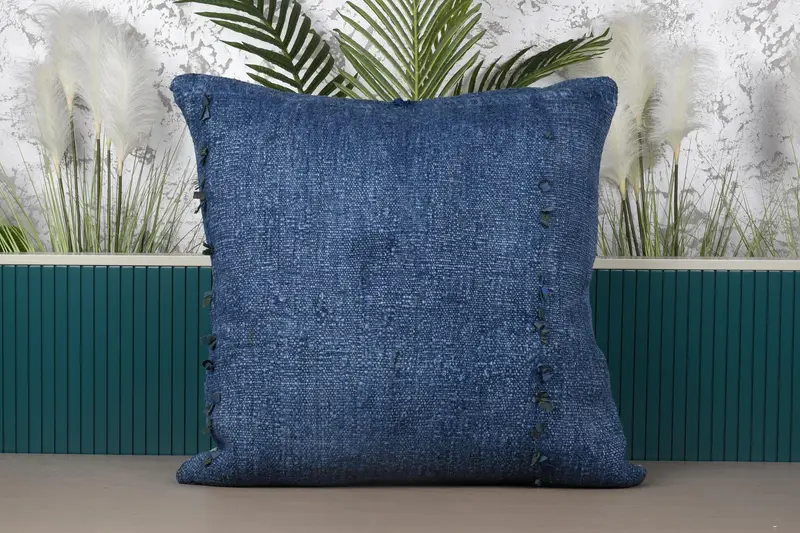 Almohada de lanzamiento azul del suroeste, cojín vintage bordado con detalles en bronce