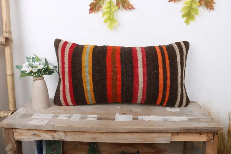 Car Pillow Case, Gift Pillow, Ethnic Cushion Cover, Kilim Cushion Sham, 12x24 Brown Pillow Cover, Antique Pillows, Pillow Case, Art Deco Pillow Case - 1