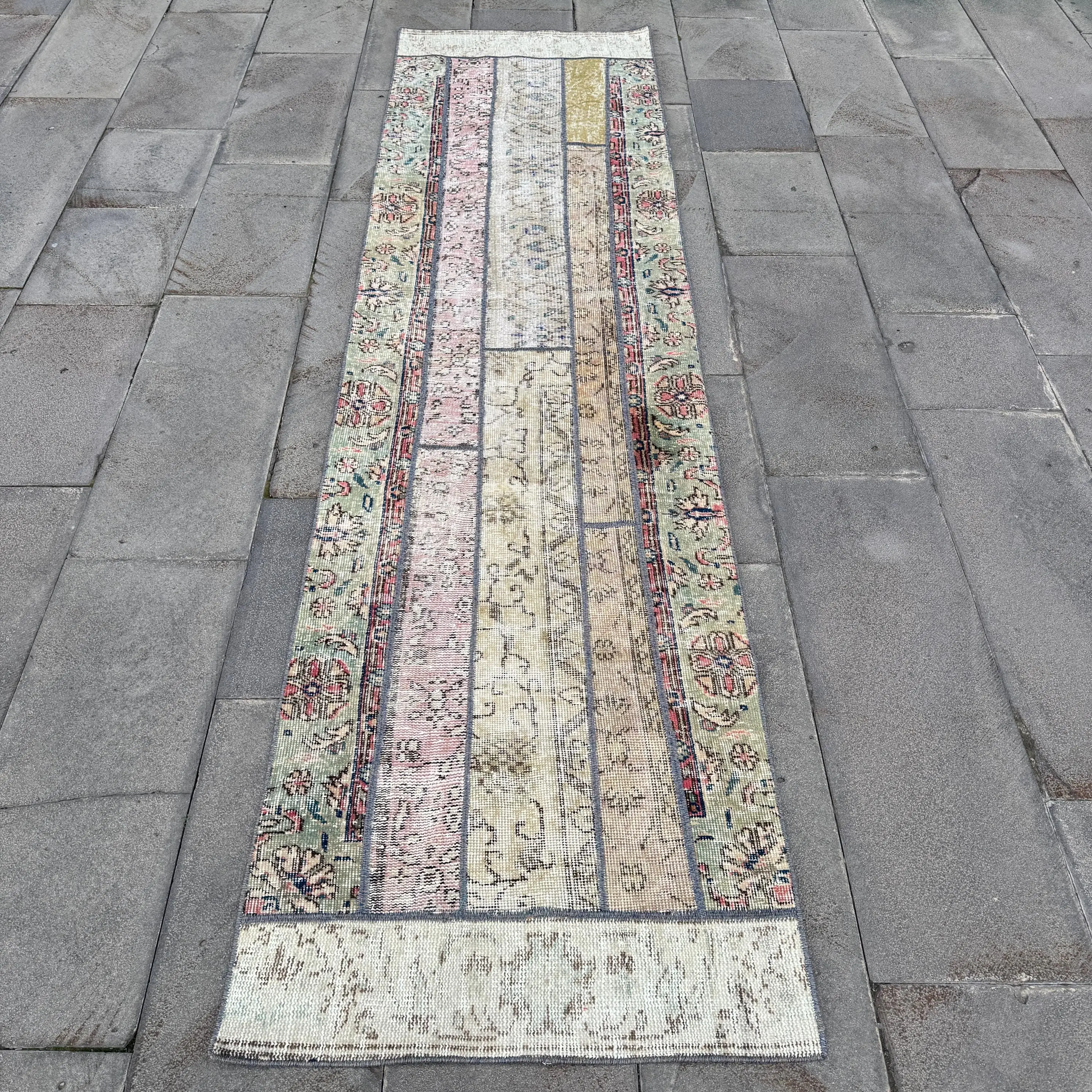 2.4x9.1 ft Turkish Rug, Vintage Runner Rug, Green Pink Animal Print Rug - 1